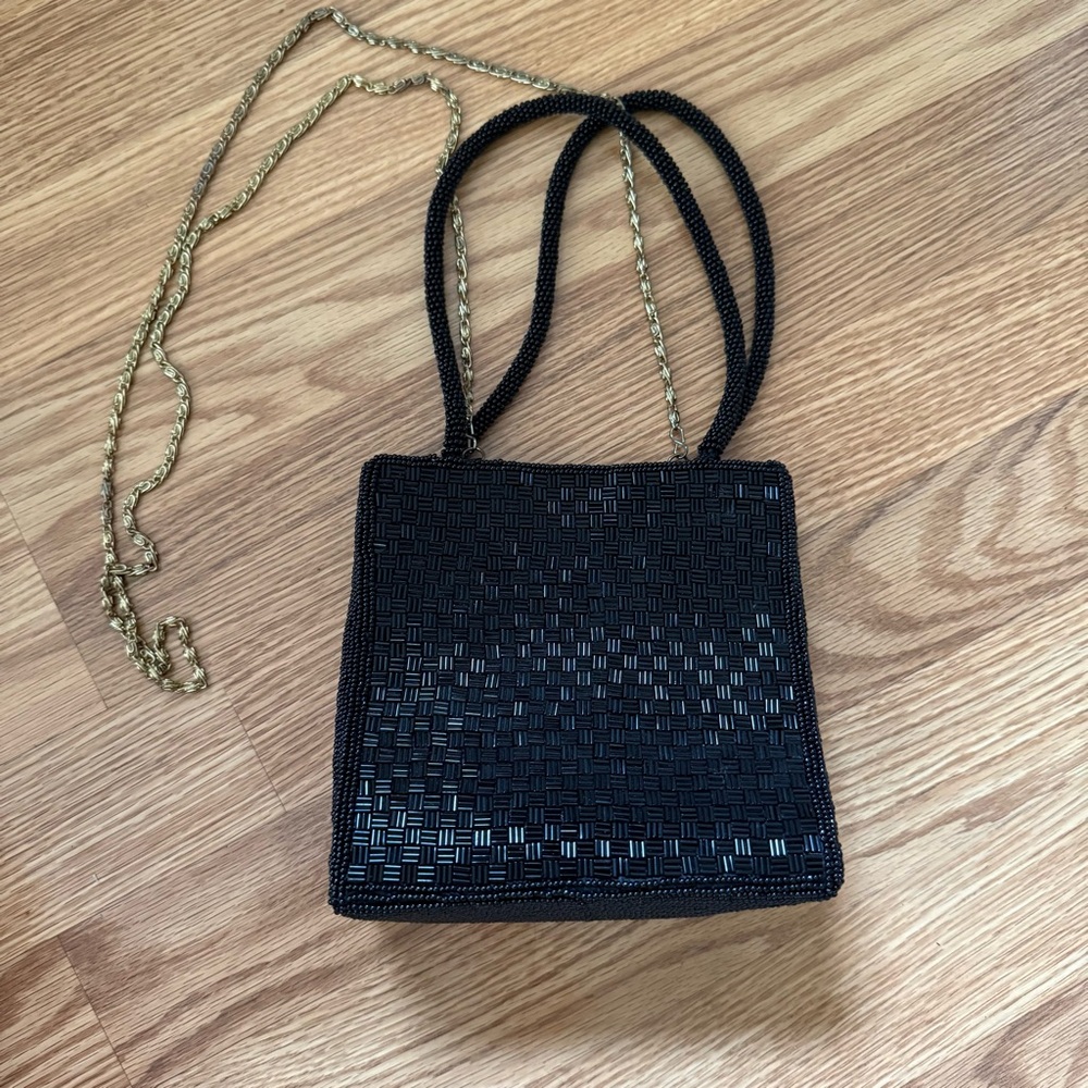Carlo Fellini‎ Black Beaded Evening Hand Bag w shoulder chain